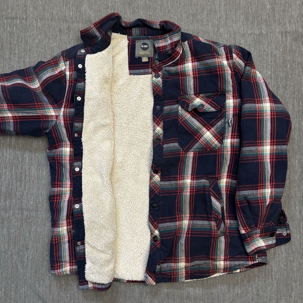 Navy and Red Flannel Jacket with Fleece Lining - L